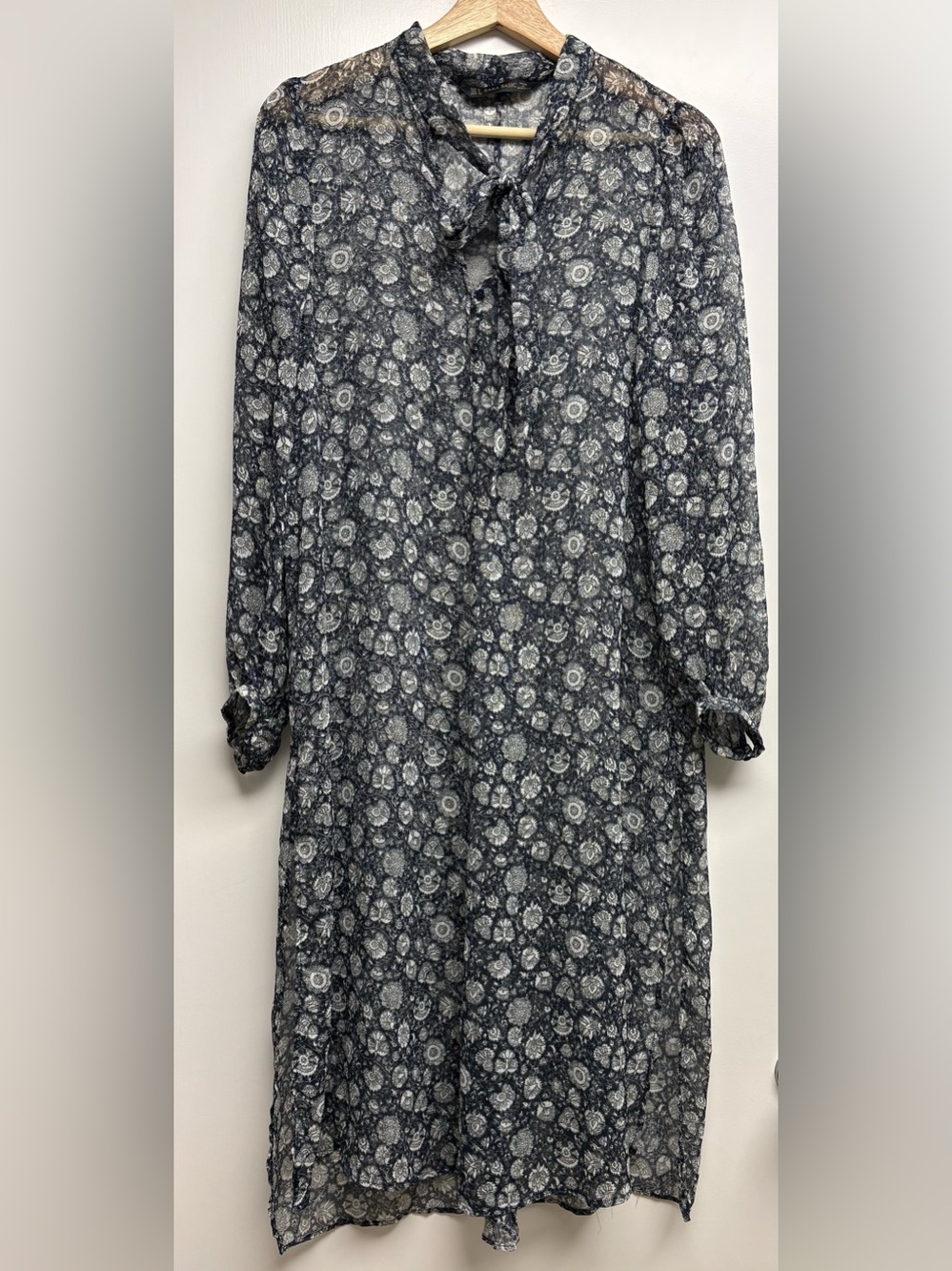 Zara Floral Sheer Metallic Lurex Neck Tie Tunic Dress Medium Black Cream Gold